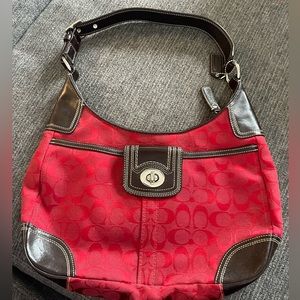 Coach F13971 Red Canvas Signature With Black Leather Trim Hampton Shoulder Bag